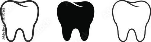 Minimal tooth icon set illustration, dental health symbols showing outline and solid teeth isolated on white background medical design vector