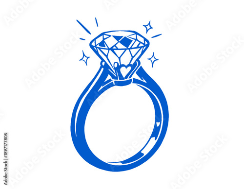 Blue diamond engagement ring doodle, wedding, proposal, love jewelry vector illustration, sparkling, romance, marriage, luxury gift, heart detail