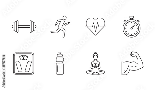 Fitness and Health Icons: Dumbbell, Runner, Heartbeat, Stopwatch, Scale, Water Bottle, Yoga Pose, Bicep