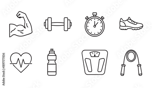 Fitness Icons: Bicep, Dumbbell, Stopwatch, Shoe, Heartbeat, Water Bottle, Scale, Jump Rope - Vector