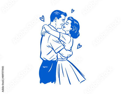 Retro 50s couple kissing, vintage comic style art, mid-century illustration, romantic embrace, love, dating, happy relationship, Valentine's Day