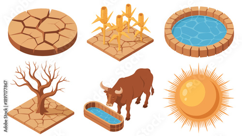 A set of six isometric illustrations depicting drought and water scarcity (1)_traced