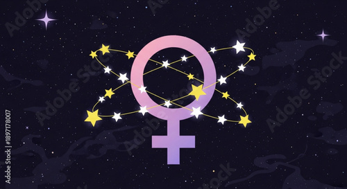 Female Venus Symbol with Stars in Purple Pink and Yellow on Dark Blue Background