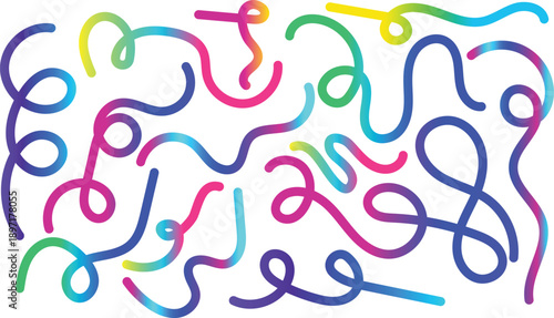 Colorful gradient organic line elements collection - flowing curved shapes in vibrant rainbow colors including pink, blue, yellow, green, purple, orange and cyan for modern abstract design background