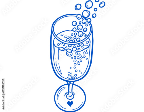Champagne glass doodle, sparkling wine line art illustration, fizzy celebration drink sketch, bubbly beverage, toast, party icon, romantic heart base