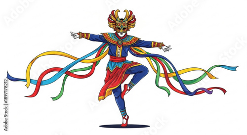 Colorful Dancer Performing Traditional Dance with Ribbons Isolated on White Background