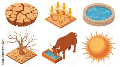 A set of six isometric illustrations depicting drought and water scarcity (3)_traced