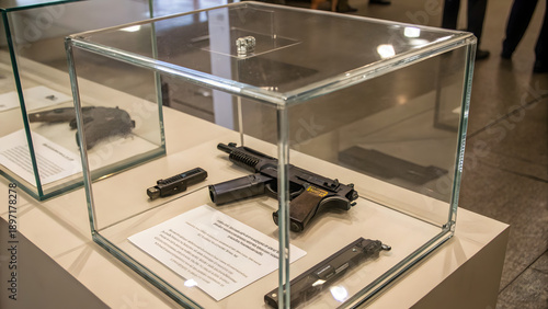 A handgun display inside a transparent glass case