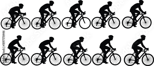 Professional Cyclist Silhouette Vector Icon Set Featuring Athletes on Road Bikes in Motion for Sports Competition Fitness Training and Healthy Lifestyle Graphic Design Projects