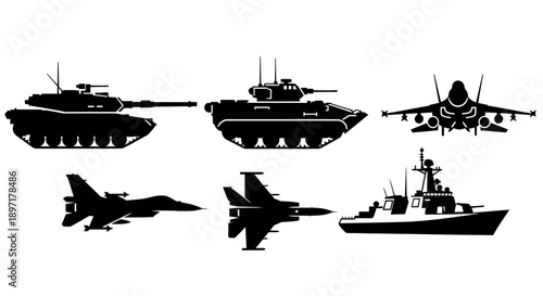 Collection of military vehicles including tanks, aircraft, and naval vessels in silhouette against a neutral background viewed from the side