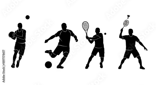 Silhouettes of athletes in various sports actions including tennis, soccer, and badminton players in dynamic poses