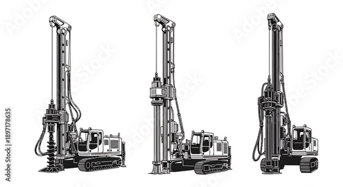 Industrial drilling machines showcased from various viewpoints in a technical illustration