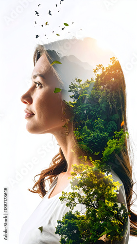 Beautiful young woman double exposure with forest background.
