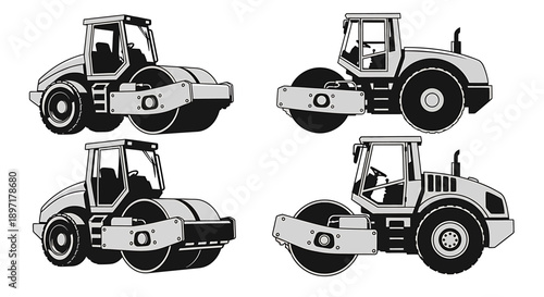 Set of four black and white illustrations of road rollers from various viewpoints on a clean background