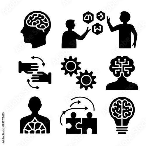 Mind Icons: A collection of various mind-related icons, representing different aspects of the human intellect, thought processes, and cognitive functions. 