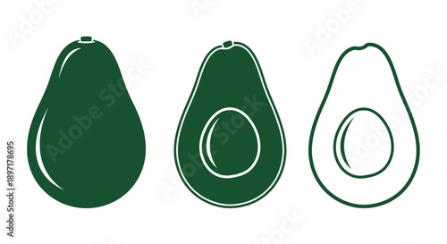 Avocado illustrations showcasing various stages of the fruit in a graphic design context, viewed from the front