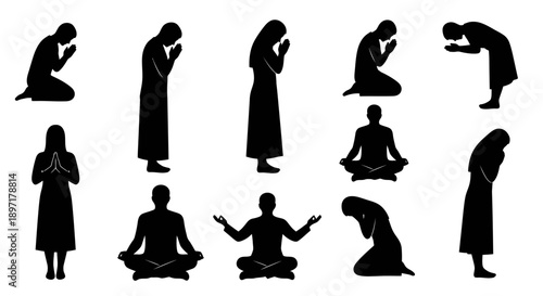 Silhouetted figures in various meditation and prayer poses on a white background, showcasing diverse spiritual practices.