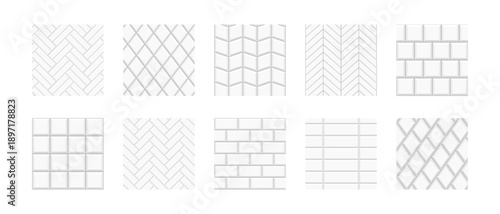 Set of tile metro and herringbone patterns. White ceramic or stone wall textures. Kitchen backsplash or shower floor backgrounds. Interior or exterior surface mosaic decorations. Vector illustration.