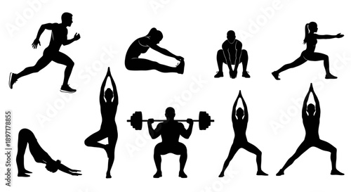 Collection of silhouetted individuals in various yoga and exercise poses, showcasing fitness and wellness in a minimalist style