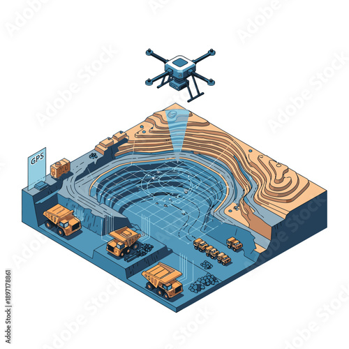 3D Isometric Illustration of a Drone Monitoring an Industrial Site with Trucks and Containers.