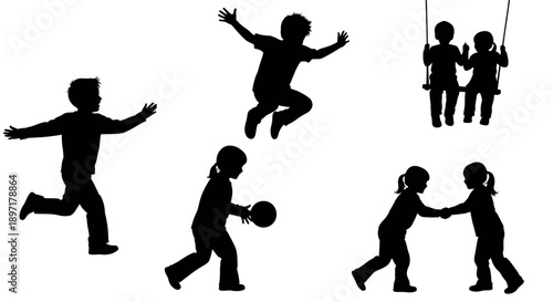 Children playing together, running, jumping, and holding hands in a joyful scene, silhouetted against a neutral background, captured from a distant viewpoint, Whisk reference