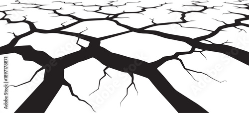 Cracked earth with deep black fissures on white background