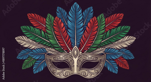 Venezuelan Mask with Colorful Feathers Isolated on Black Background