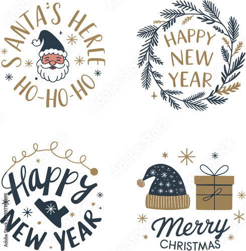 Holiday greetings vector set with happy new year text santa ho ho ho and merry christmas gift box illustration