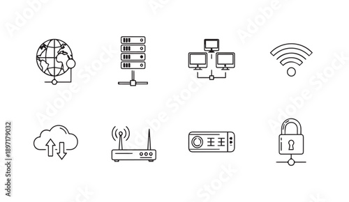 Network Technology Icons: Cloud, Server, Router, Wi-Fi, Lock, Globe, Line Art