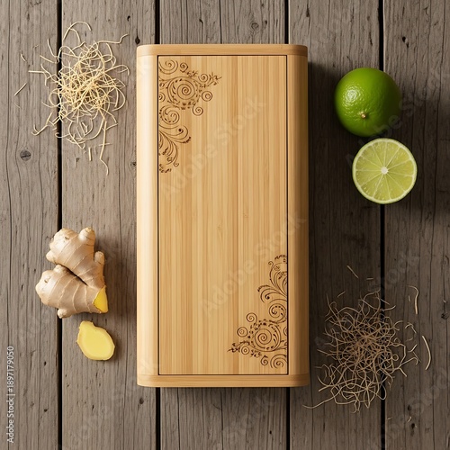 Zen Inspired Still Life with Bamboo Box, Ginger and Lime on Wooden Table