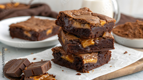 A stack of delicious chocolate caramel brownies up close