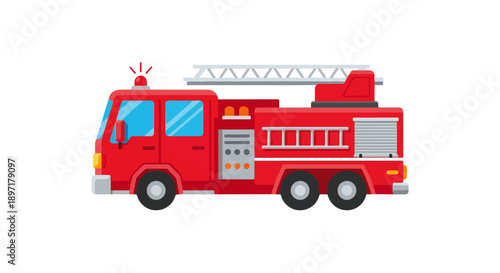 Fire Truck Red Flat Vector Illustration Isolated on White Background