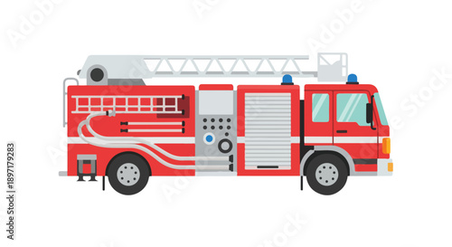 Fire Truck Ladder Truck Rescue Flat Vector Illustration Isolated on White Background