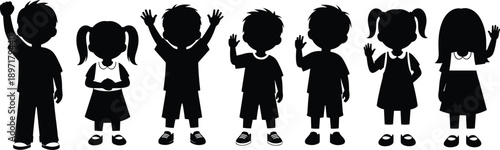 Silhouettes of Diverse Group of Children Standing Together in a Row with Arms Raised and Waving Representing Education Childhood Happiness Unity and Primary School Growth