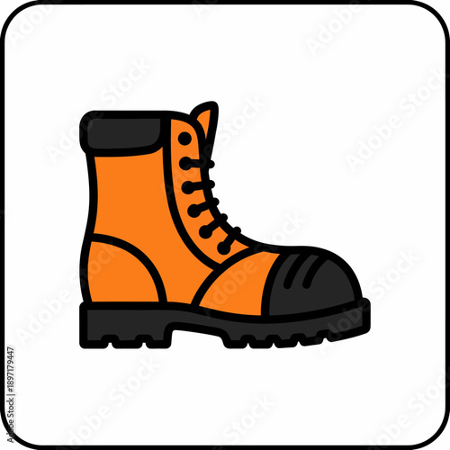 Orange and black work boot icon with laces and reinforced toe.