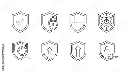 Security Shield Icons Collection: Lock, Checkmark, Search, Upload, Target, Key Access