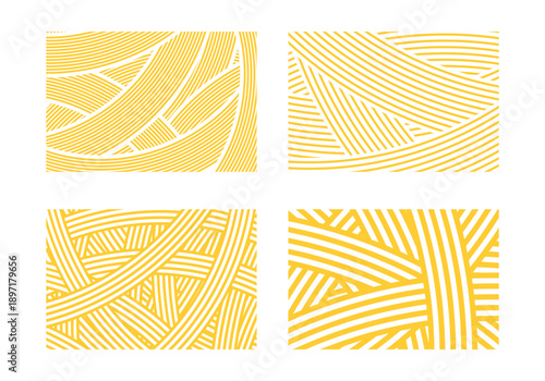 Set of pasta, ramen or noodle patterns. Backgrounds with curvy intersecting yellow lines. Spaghetti, macaroni or capellini textures. Traditional Italian or Japanese food prints. Vector illustration.