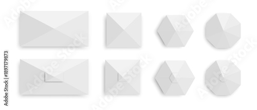 Set of tents in top view. Gazebo umbrellas in rectangular, square, hexagonal, and octagonal shapes. Beach sunshades. Market canopy mockups isolated on white background. Vector realistic illustration.