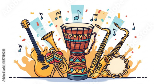 African Djembe Drum with Saxophone, Trumpet, and Guitar in Vibrant Illustration