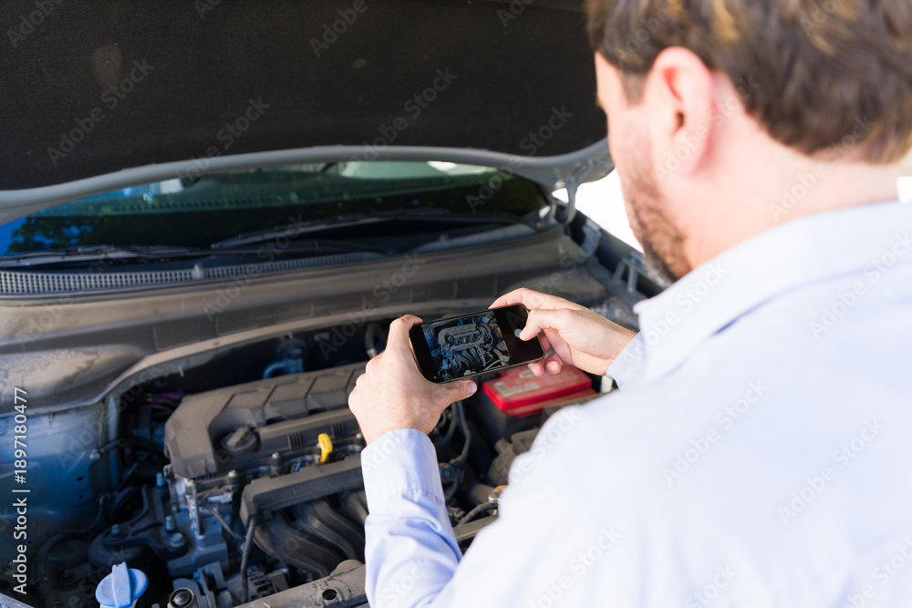 Фотография Driver documenting car engine breakdown with smartphone, sending for a repair es
