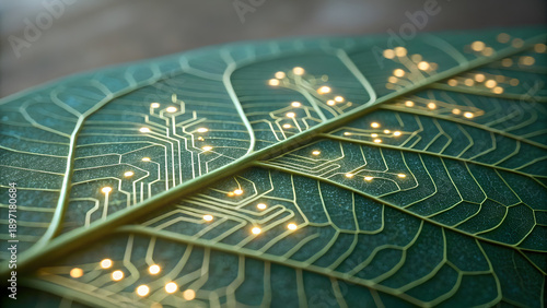 A close up leaf showing circuits glowing digitally