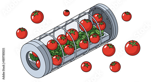Innovative cylindrical hydroponic system showcasing vibrant red tomatoes growing in a controlled, modern agricultural environment, symbolizing sustainable farming and future food production.