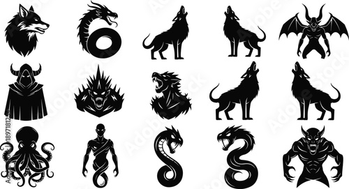 Set of Fifteen Mythical Creature and Fantasy Monster Icon Silhouettes Featuring Wolf Dragon Octopus and Demon Isolated on White Background