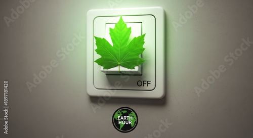 Green Leaf Light Switch Turned Off on White Wall, Symbolizing Energy Conservation