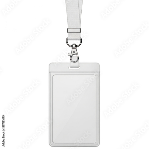 Blank ID card holder with white lanyard, realistic plastic badge mockup, corporate identification tag with metal clip on transparent background