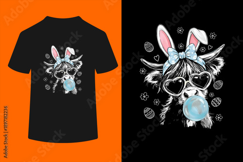 Easter Highland Cow Bubblegum Sunglasses Bunny Easter Day T-Shirt

