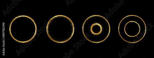 Set of golden rings with noisy texture. Gold round shapes with spray, scattered or mezzotint brush effect borders isolated on black background. Solar eclipse concept. Vector illustration.