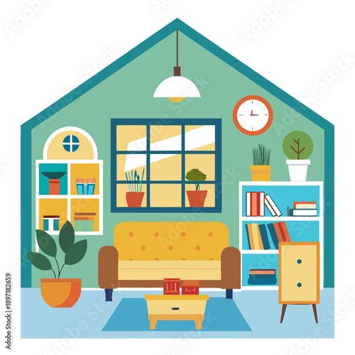 Cozy living room interior with modern furniture and houseplants