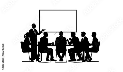 Corporate teamwork meeting silhouette with standing presenter vector