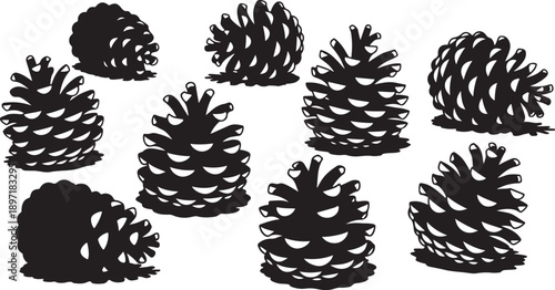 Collection of black pinecone silhouettes on white background illustration